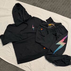 Aviator Nation Charcoal ombré rainbow bolt hoodie and sweatpants set Small